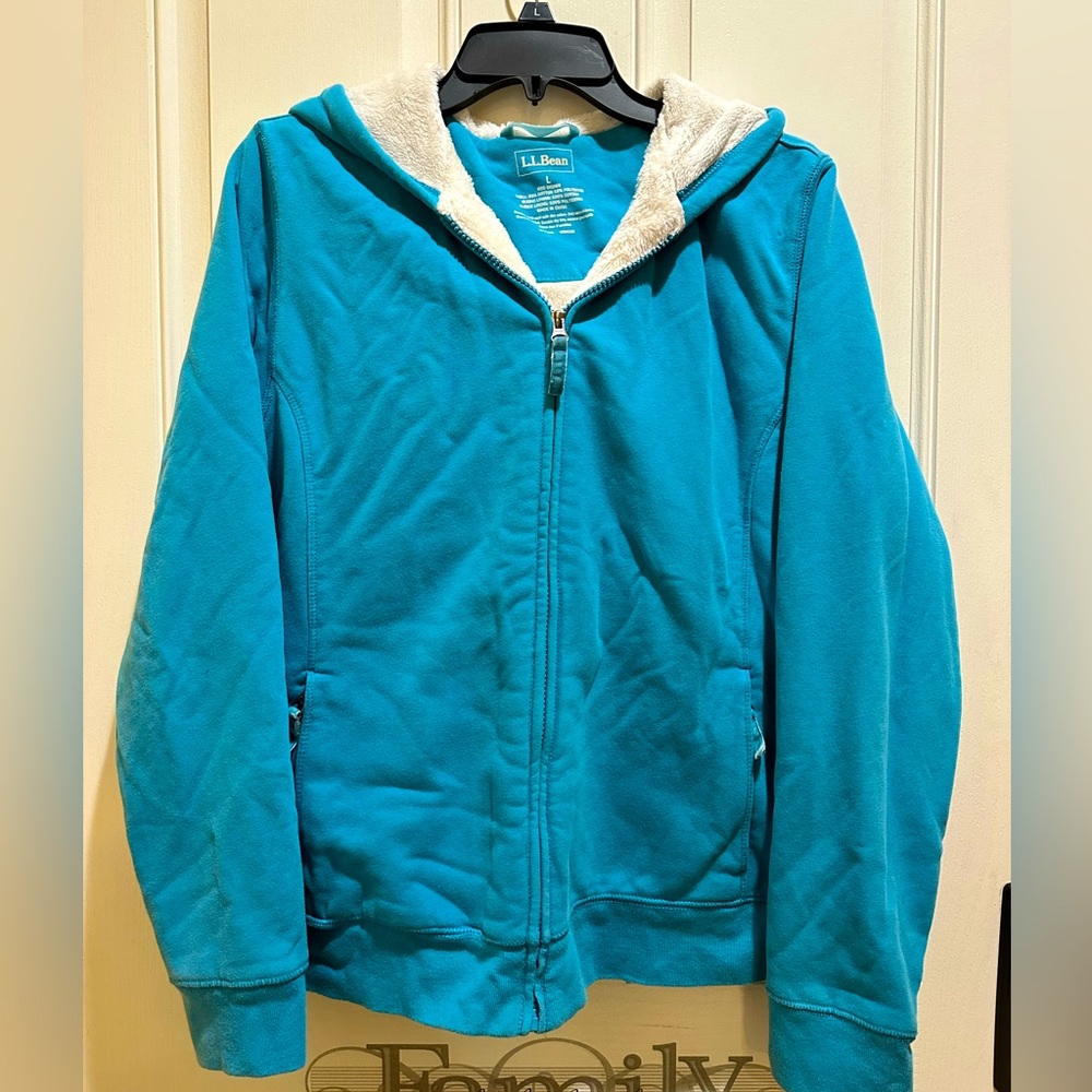 Turquoise LLBean sweat jacket with fuzzy cream lining, size L